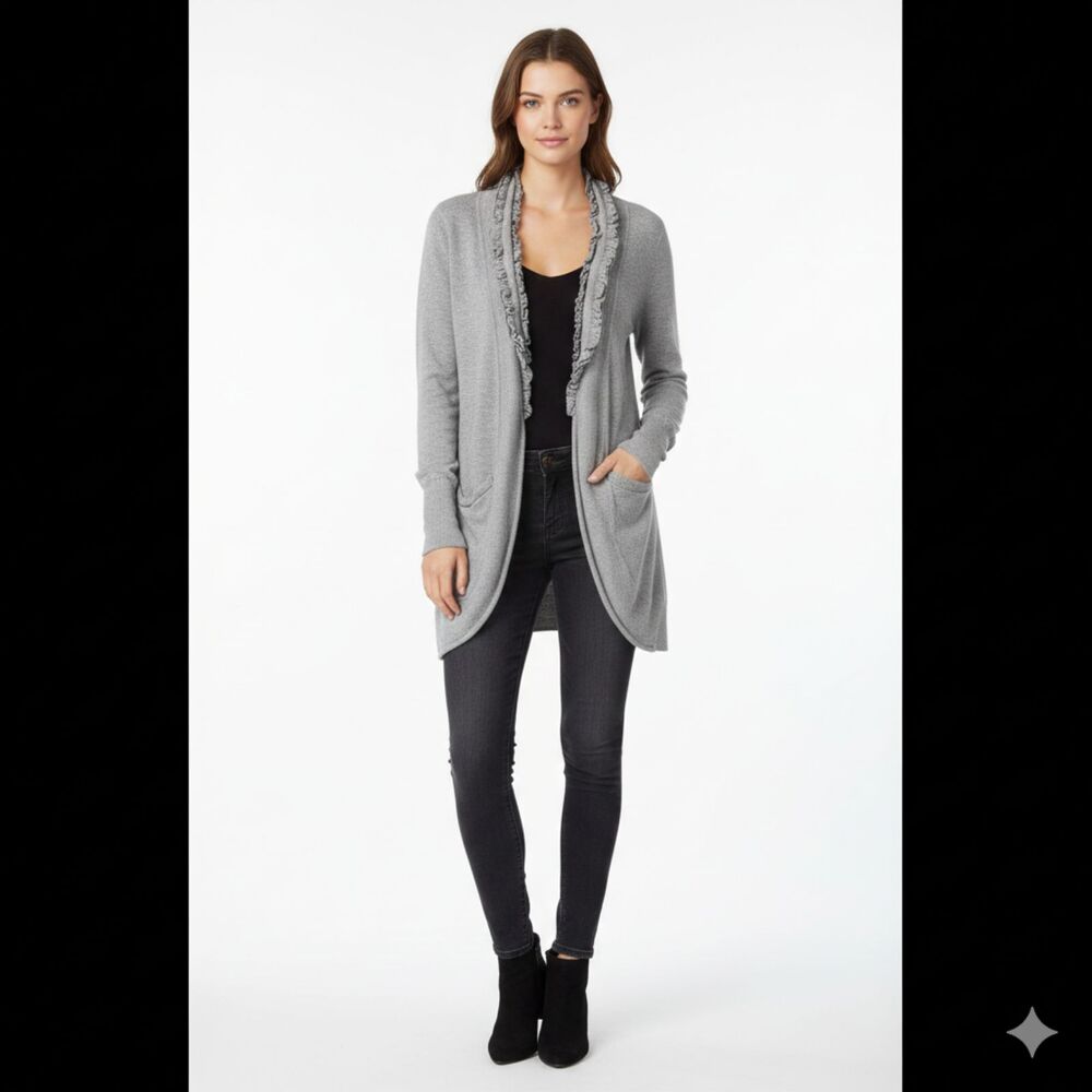 Mystree Grey Ruffle Trim Cardigan Sweater Small - Rayon‎ Blend